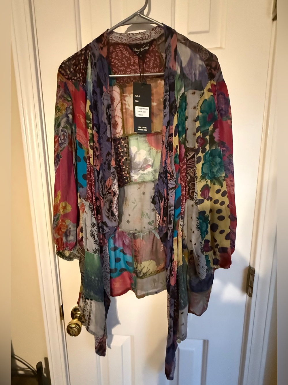 NWT Young Threads Boho Multicolor Floral Patchwork Sheer Kimono Size Small